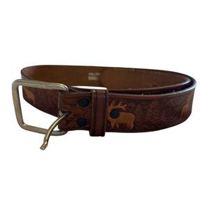 Vintage Brown Leather Tooled Deer Buck Ram Elk Belt Size Small‎